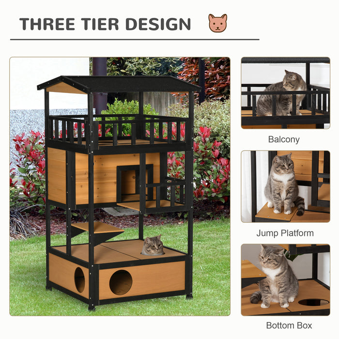 Wooden Outdoor Cat House 3-Tier Kitten Shelter w/ Tilted Roof Yellow