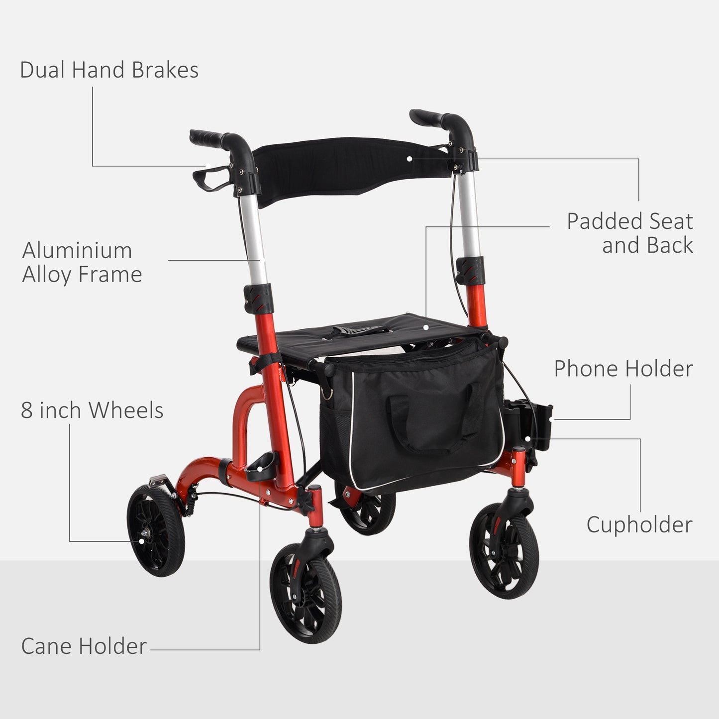 Lightweight Walking Frame with Seat and Backrest, Red