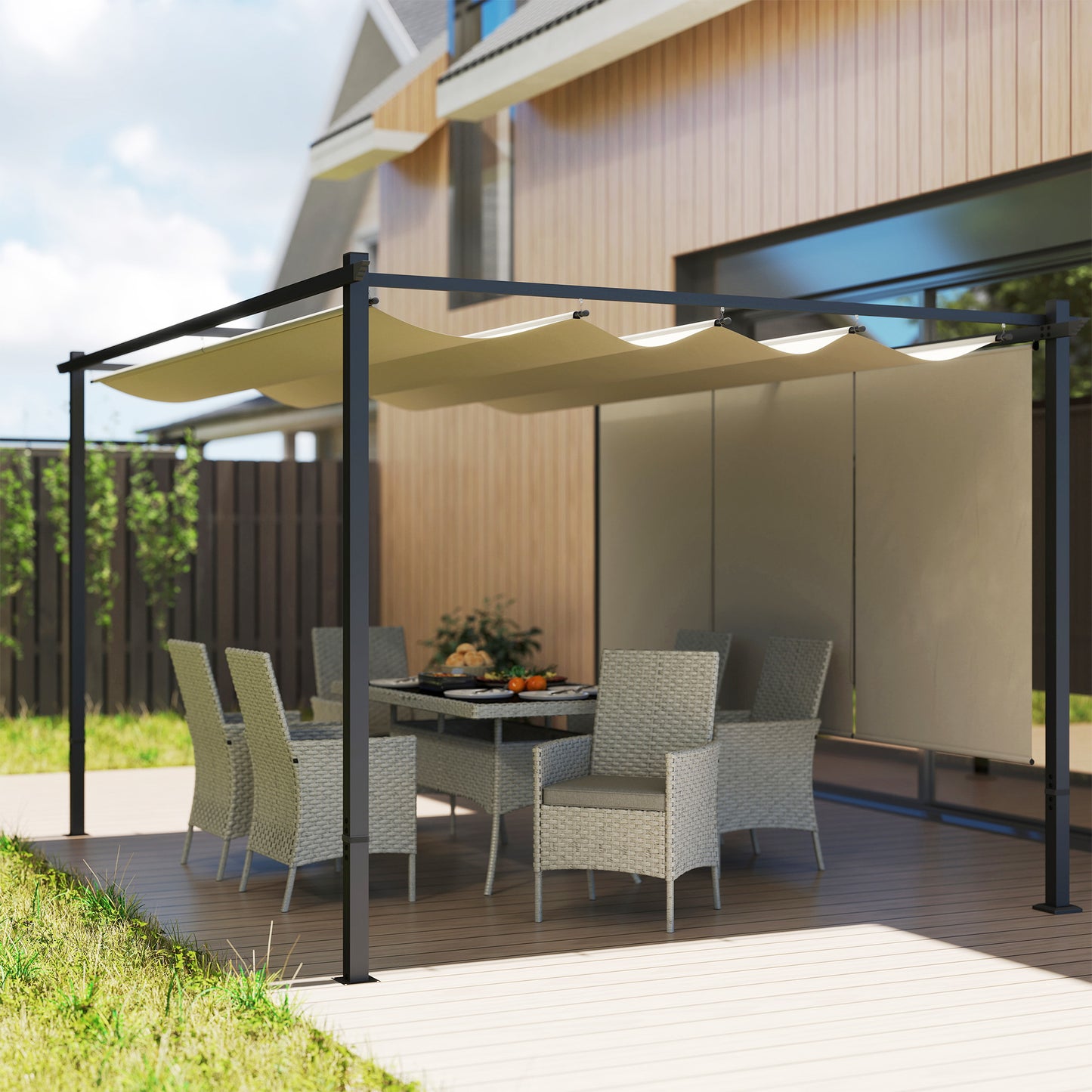 3 x 4m Metal Pergola with Retractable Roof and Roller Shade, Beige