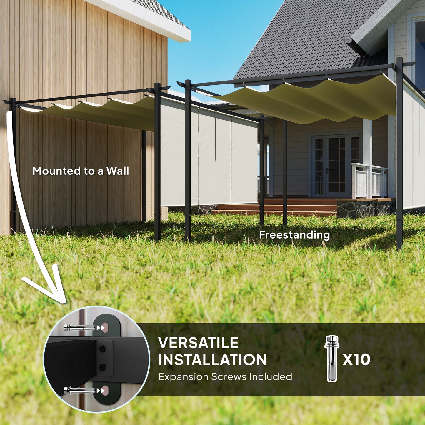 3 x 4m Metal Pergola with Retractable Roof and Roller Shade, Beige