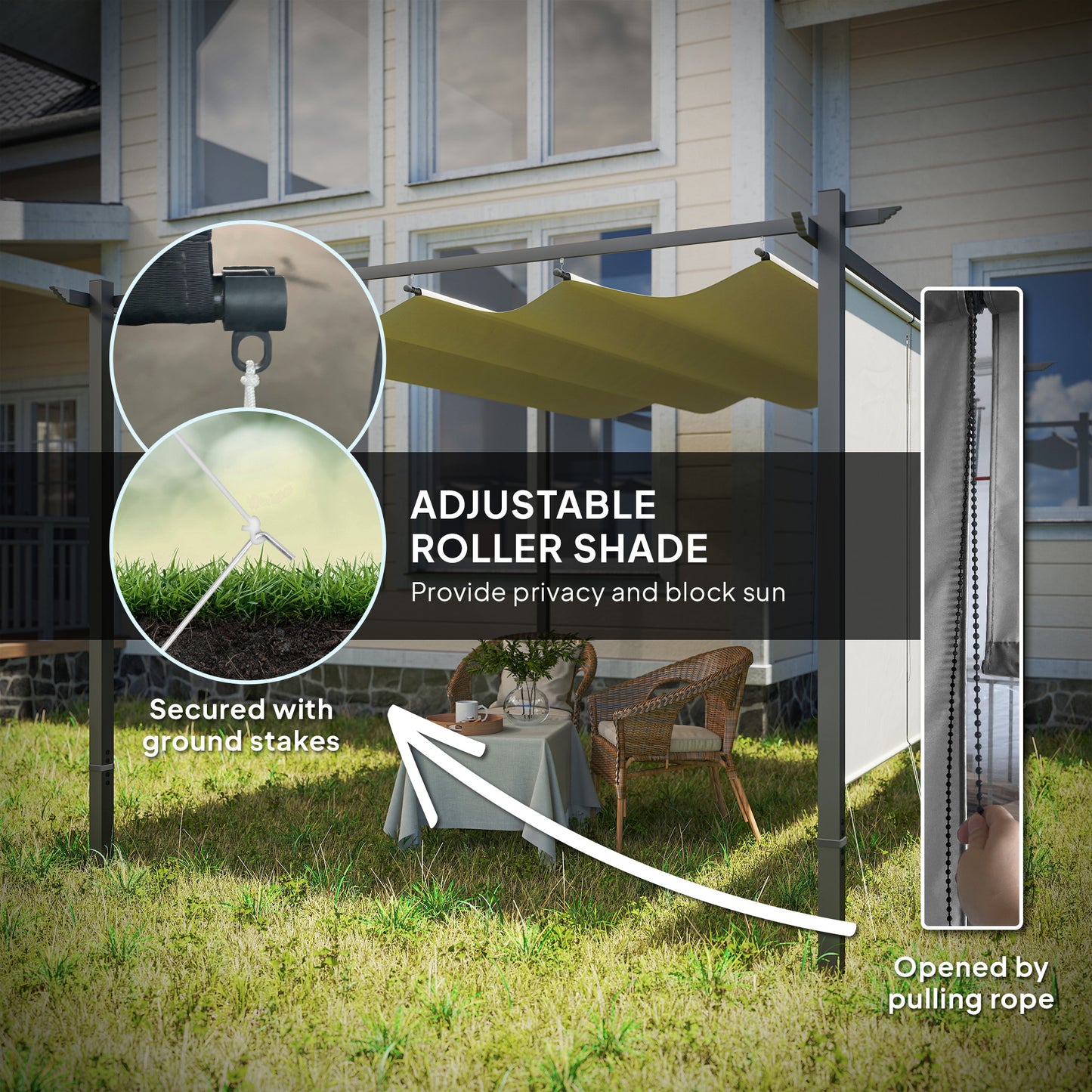 3 x 4m Metal Pergola with Retractable Roof and Roller Shade, Beige