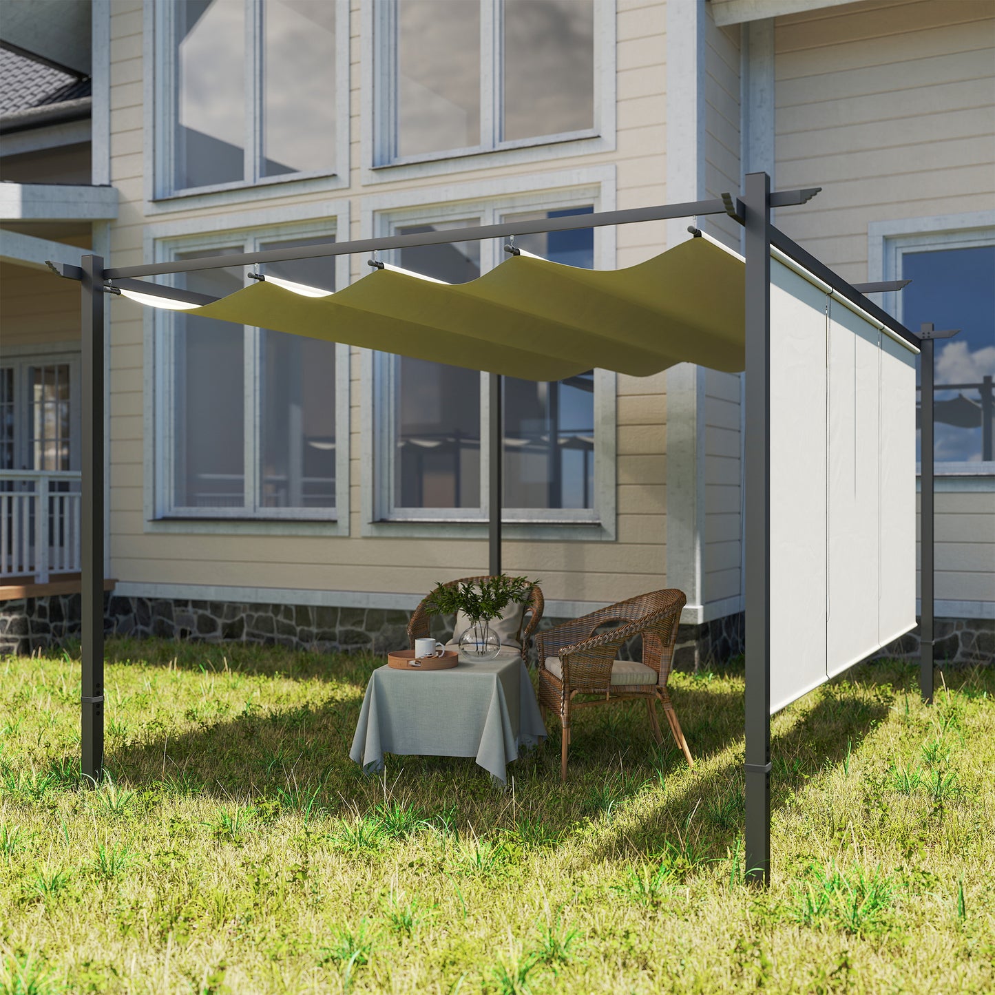 3 x 4m Metal Pergola with Retractable Roof and Roller Shade, Beige