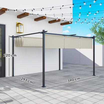 3 x 4m Metal Pergola with Retractable Roof and Roller Shade, Beige