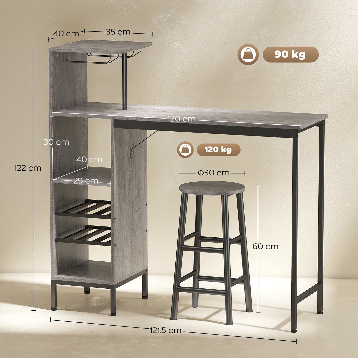 3 Pieces Dining Room Set, 6-Tier Dining Table and Stools, Natural