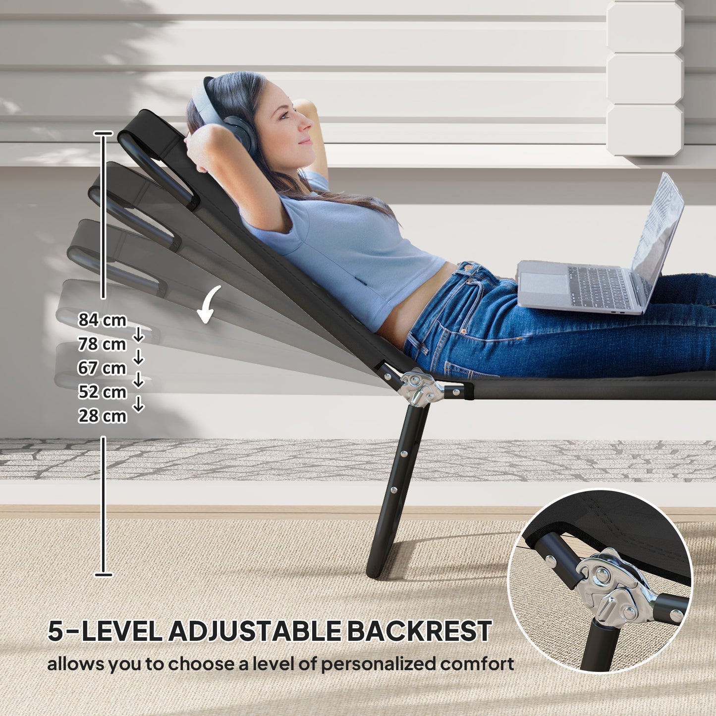 2 Piece Reclining Chaise Lounge with Adjustable Backrest, Black