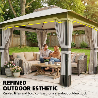 3 x 3.6 m Outdoor Garden Gazebo with Netting, Curtains, Light Grey