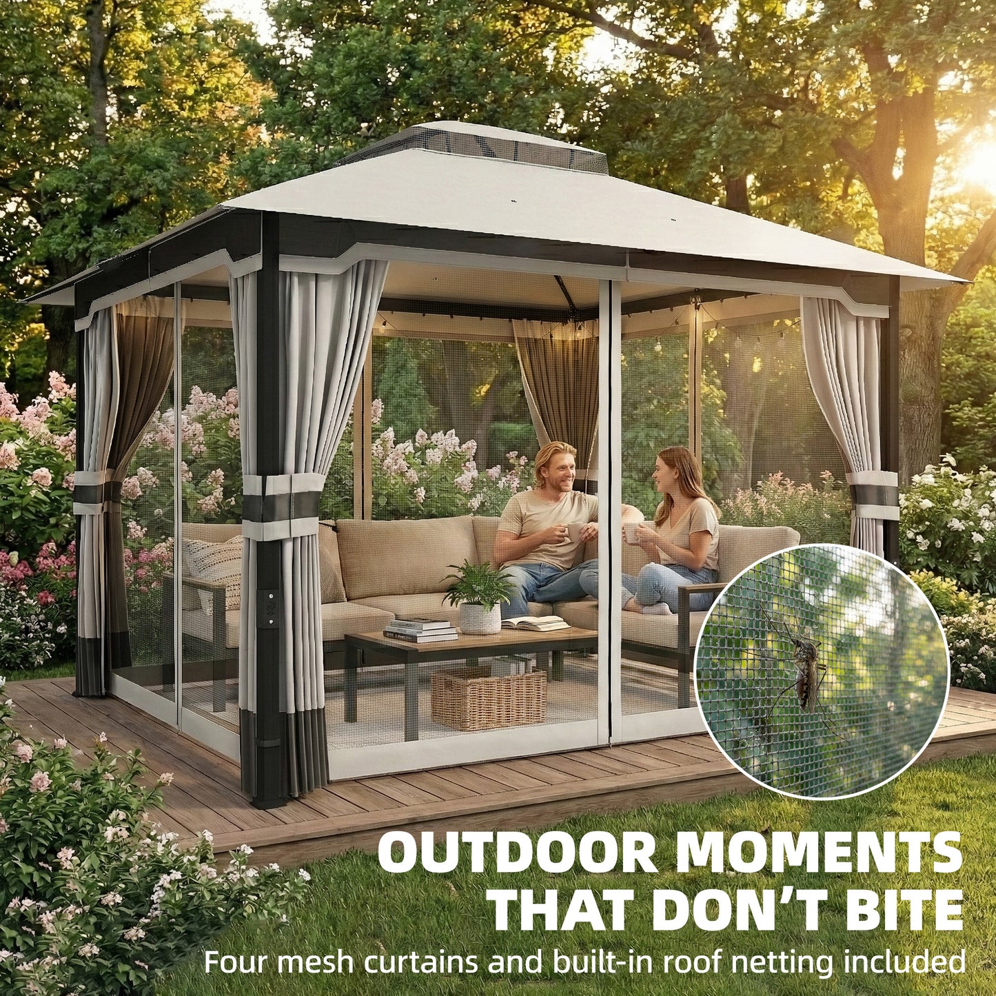3 x 3.6 m Outdoor Garden Gazebo with Netting, Curtains, Light Grey