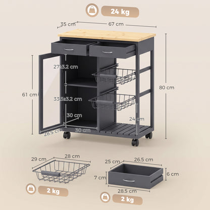 Bamboo Kitchen Island with Glass Door, 2 Metal Wire Baskets, Grey