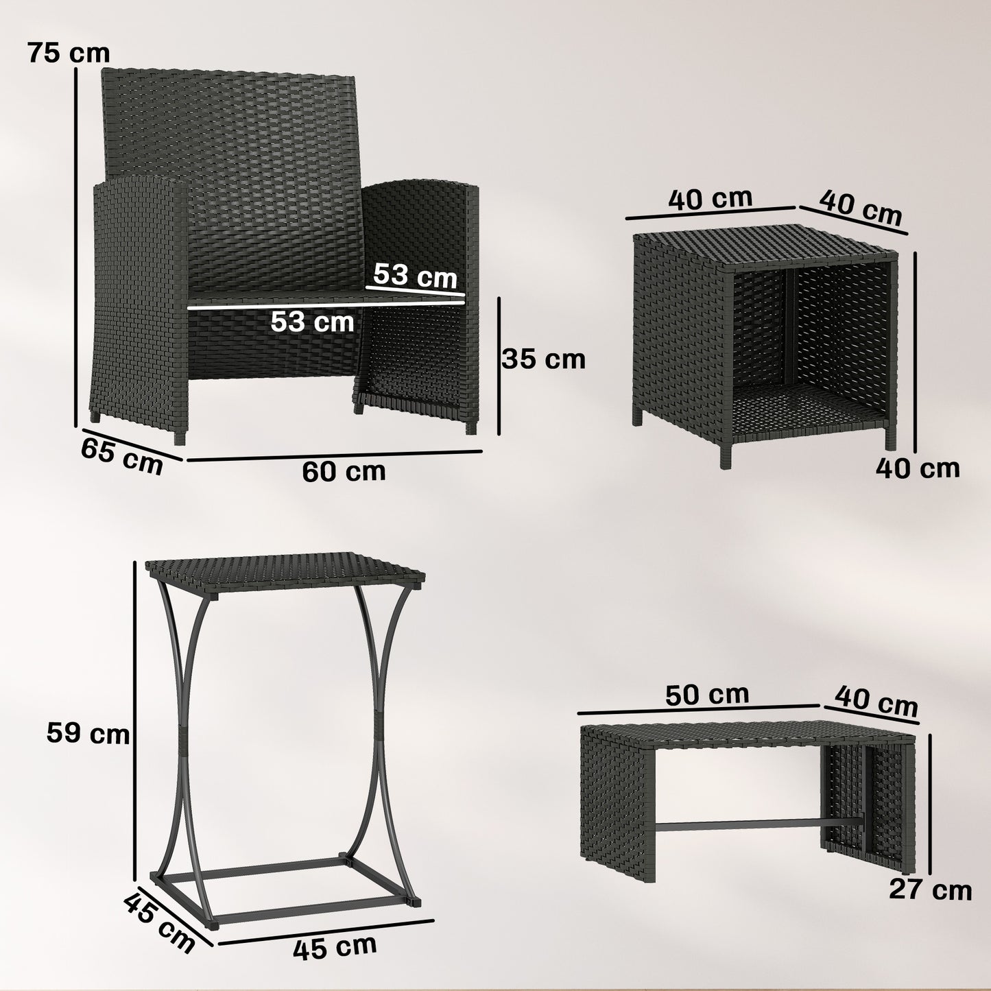 6 Piece Rattan Garden Furniture Set with Nesting Tables, Black