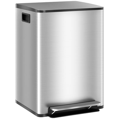 Double Kitchen Bin, Pedal Bin with Soft-Close Lid, Silver Tone