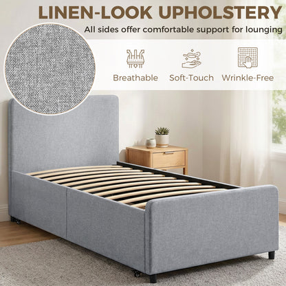 3ft Single Bed Frame with Trundle, Upholstered Pull Out Trundle Bed with Headboard and Footboard for Adults & Teenagers, 90 x 190 cm, No Mattress, Light Grey