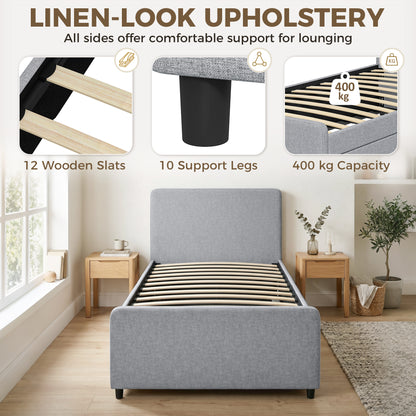 3ft Single Bed Frame with Trundle, Upholstered Pull Out Trundle Bed with Headboard and Footboard for Adults & Teenagers, 90 x 190 cm, No Mattress, Light Grey
