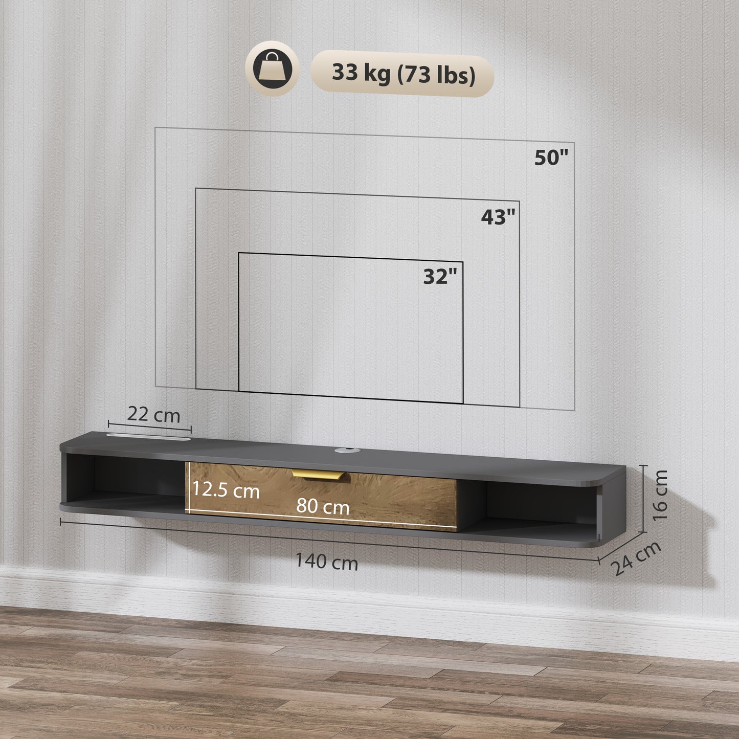 140 cm Floating TV Unit with Storage Entertainment Media Console Grey