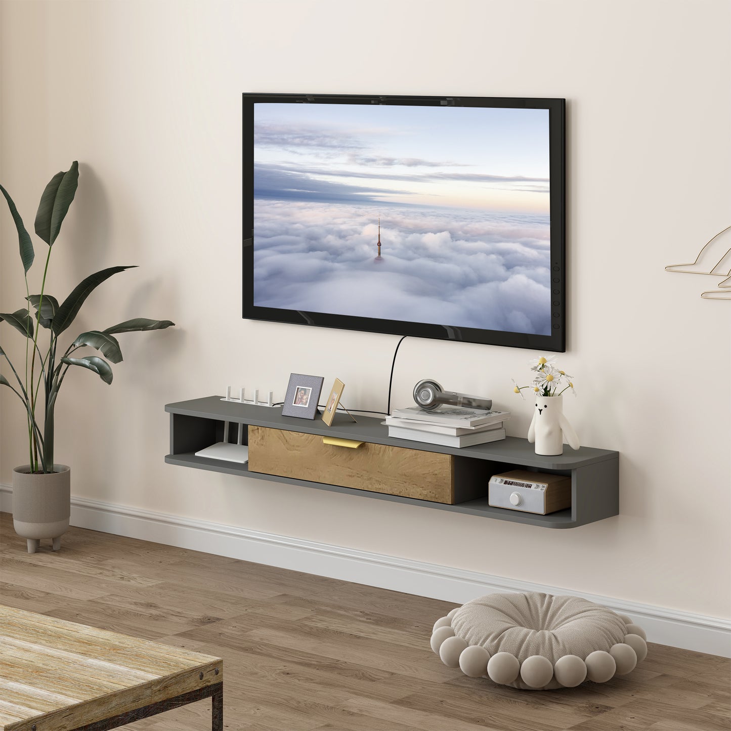 140 cm Floating TV Unit with Storage Entertainment Media Console Grey