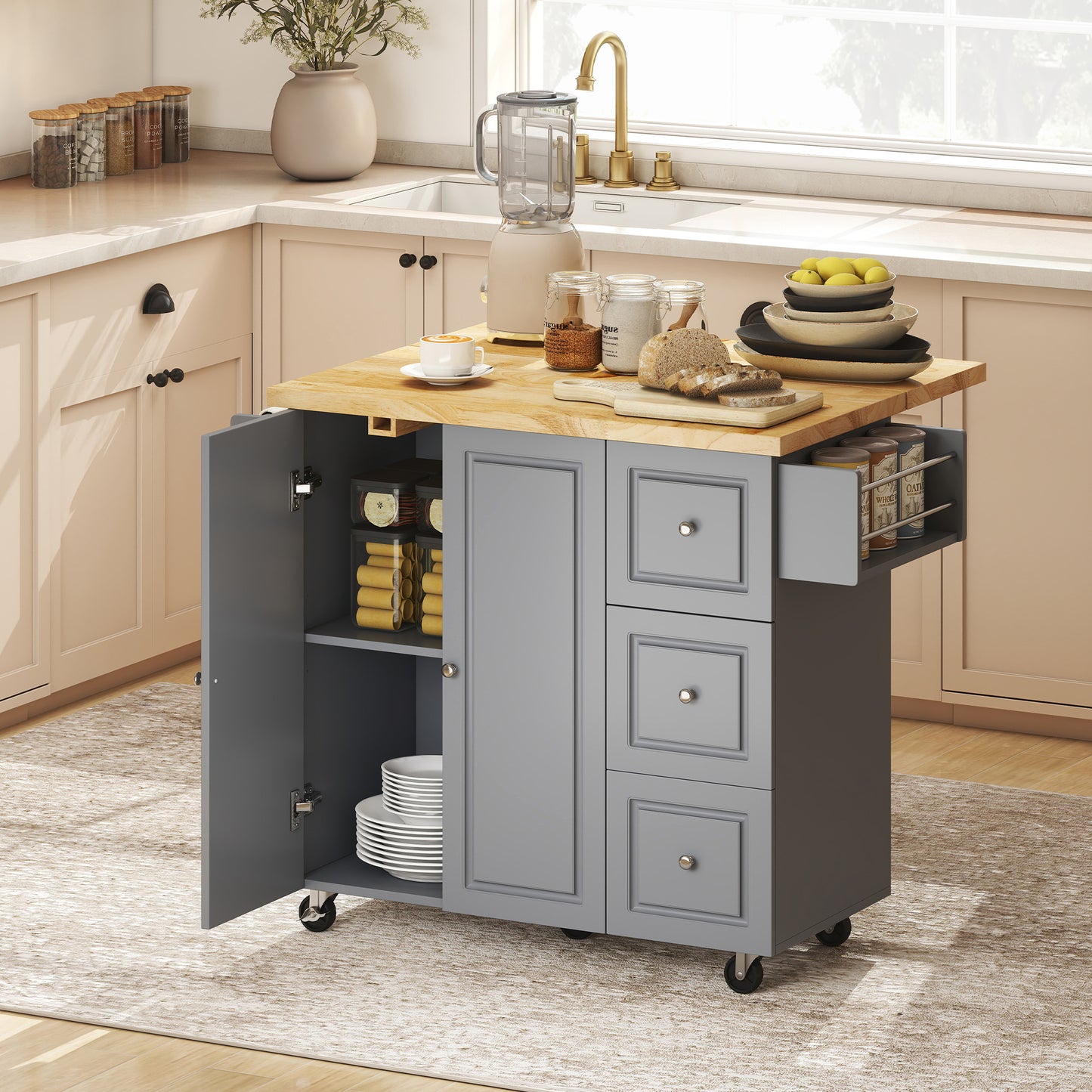 Rolling Kitchen Island, Kitchen Storage Trolley w/ Drop Leaf, Drawers