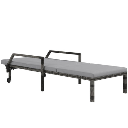 Outdoor Sun Lounger, Rattan Wicker Chaise Reclining with 5-Level Adjustable Backrest and 2 Wheels