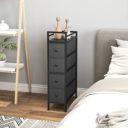 Narrow 4 Drawer Dresser with Steel Frame, Chest of Drawers, Black