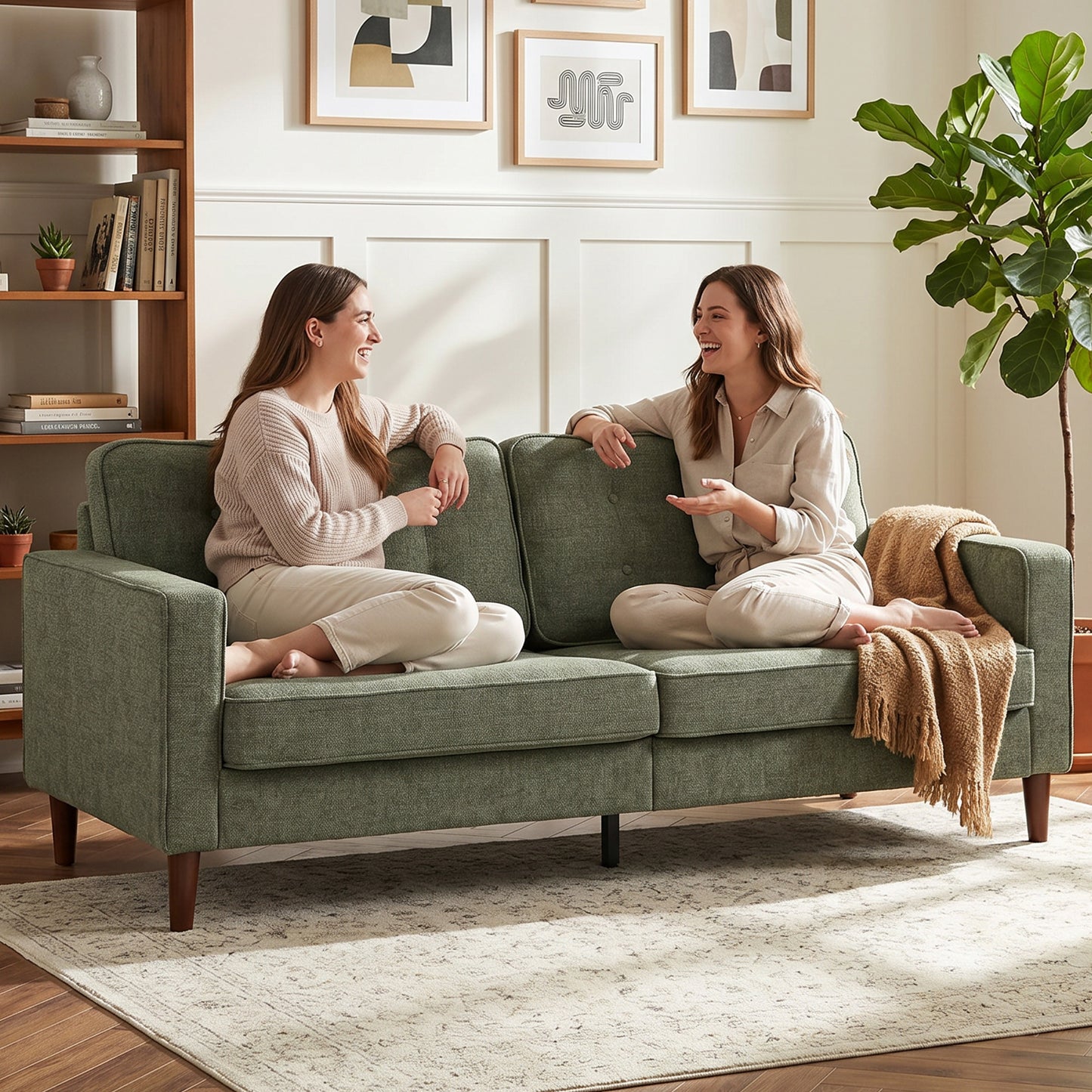 3 Seater Sofa, Velvet-Feel Fabric Upholstered Small Couch for Bedroom, Modern Sofa Settee with Padded Cushion, Button Tufting and Wood Legs for Living Room, Green