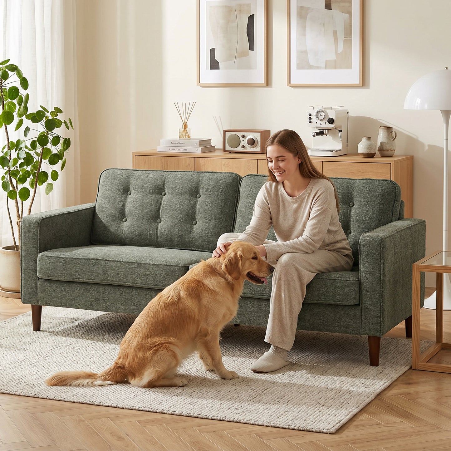 3 Seater Sofa, Velvet-Feel Fabric Upholstered Small Couch for Bedroom, Modern Sofa Settee with Padded Cushion, Button Tufting and Wood Legs for Living Room, Green