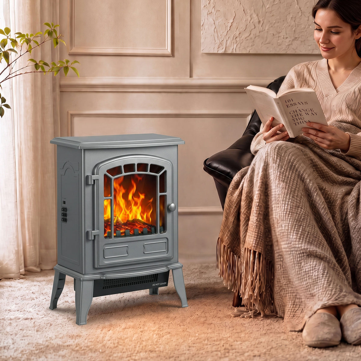 Freestanding Electric Fireplace Stove with LED Flame, 2000W, Grey