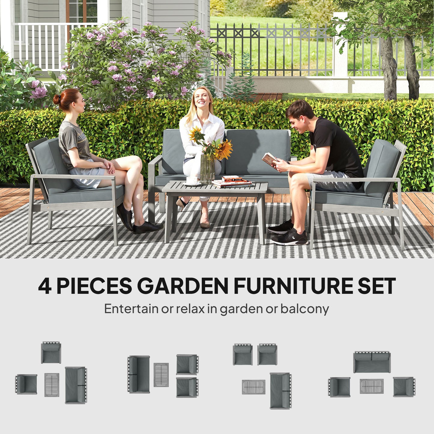 4 Pieces Wooden Garden Furniture Set with Cushions, Light Grey