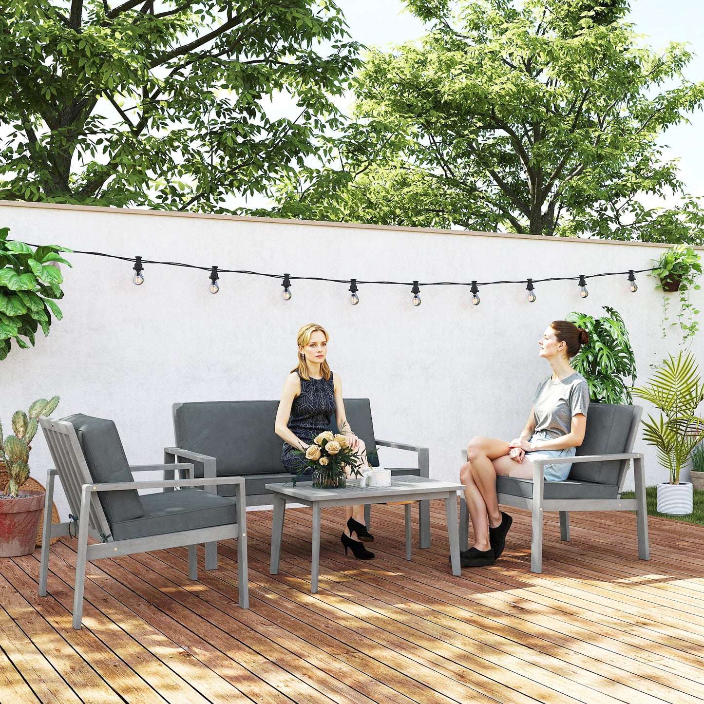 4 Pieces Wooden Garden Furniture Set with Cushions, Light Grey