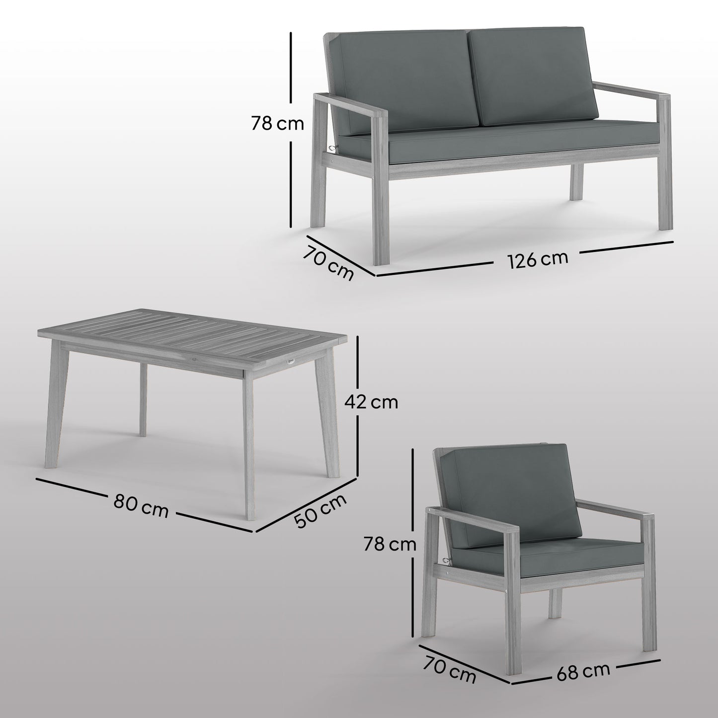 4 Pieces Wooden Garden Furniture Set with Cushions, Light Grey