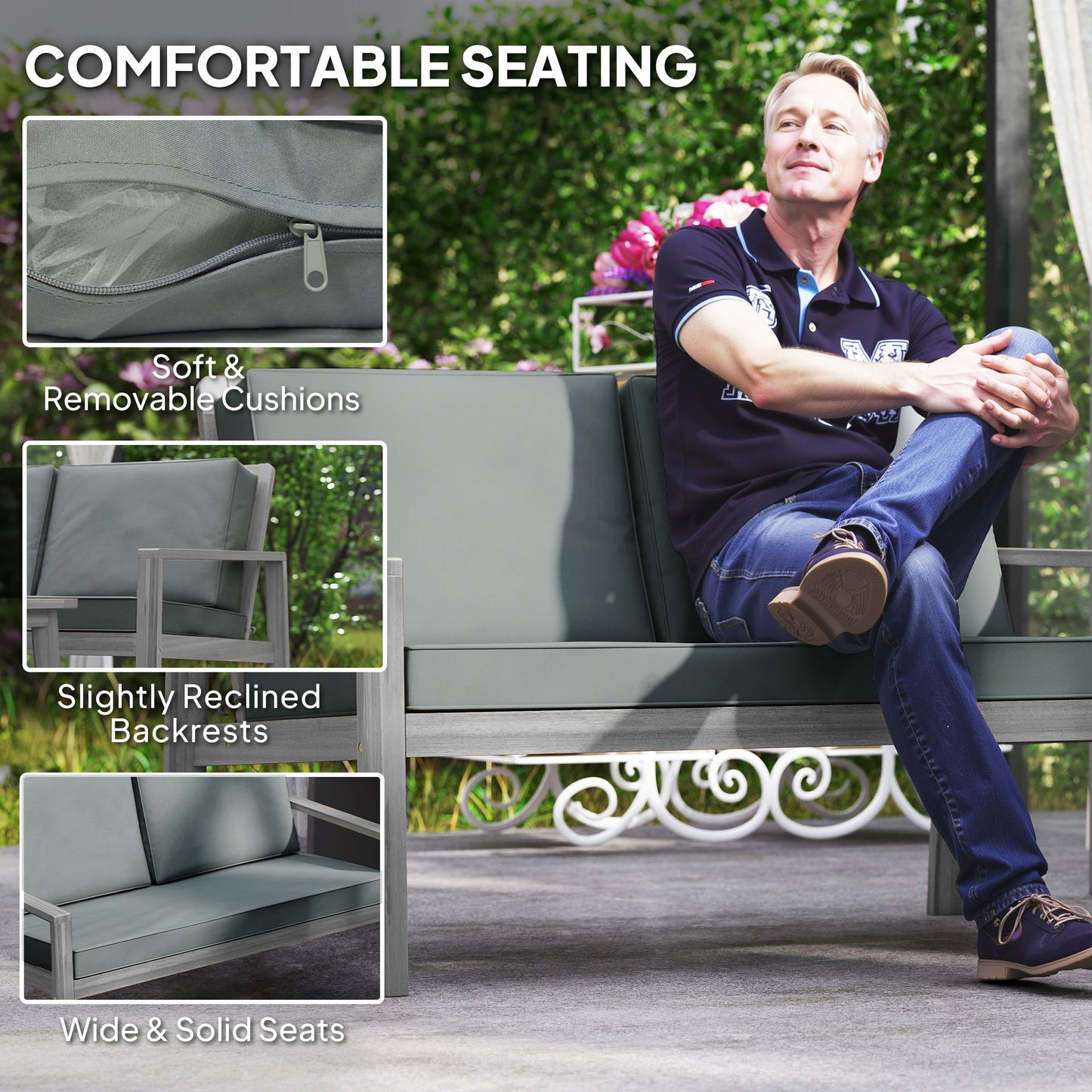 4 Pieces Wooden Garden Furniture Set with Cushions, Light Grey