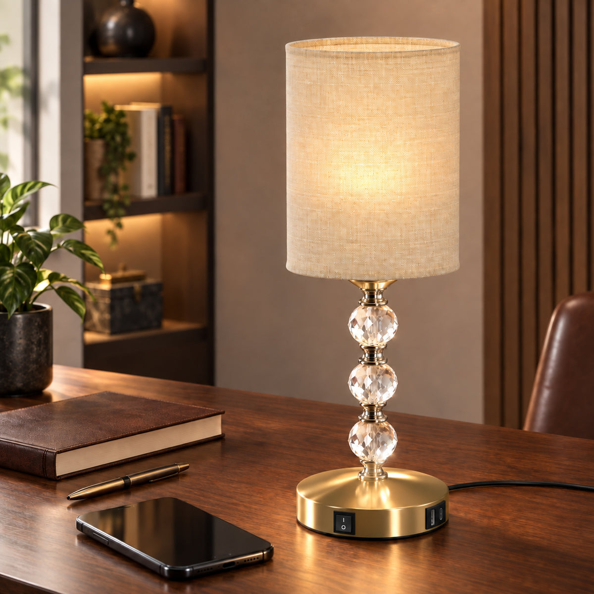 Crystal-Effect Bedside Lamp with USB-A and USB-C (Bulb Not Included) - Gold & Beige