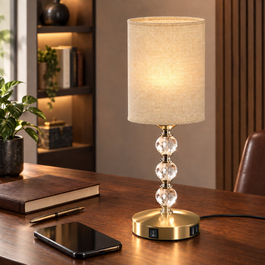 Crystal-Effect Bedside Lamp with USB-A and USB-C (Bulb Not Included) - Gold & Beige