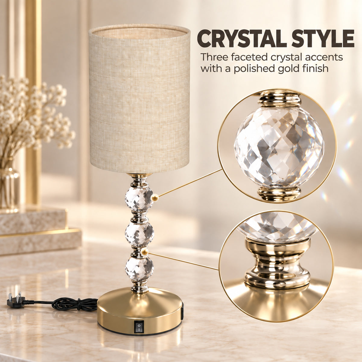 Crystal-Effect Bedside Lamp with USB-A and USB-C (Bulb Not Included) - Gold & Beige