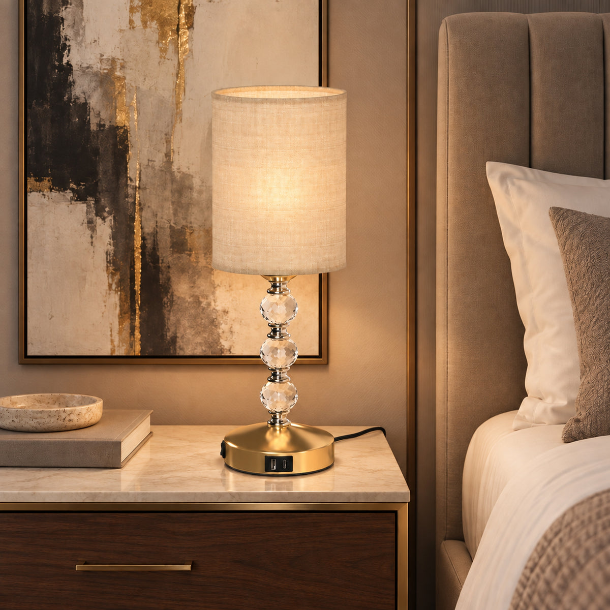 Crystal-Effect Bedside Lamp with USB-A and USB-C (Bulb Not Included) - Gold & Beige