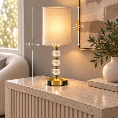 Crystal-Effect Bedside Lamp with USB-A and USB-C (Bulb Not Included) - Gold & Beige