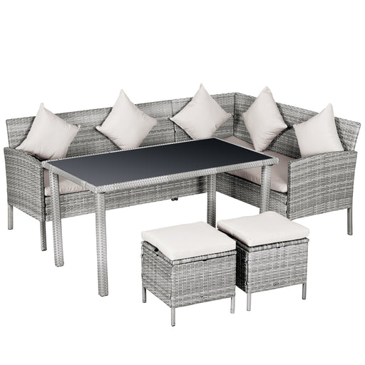 6-Seater Garden Outdoor Patio Rattan Corner Dining Set Wicker Sofa, Foot Stool, Dining Table with White Cushions, Mixed Grey