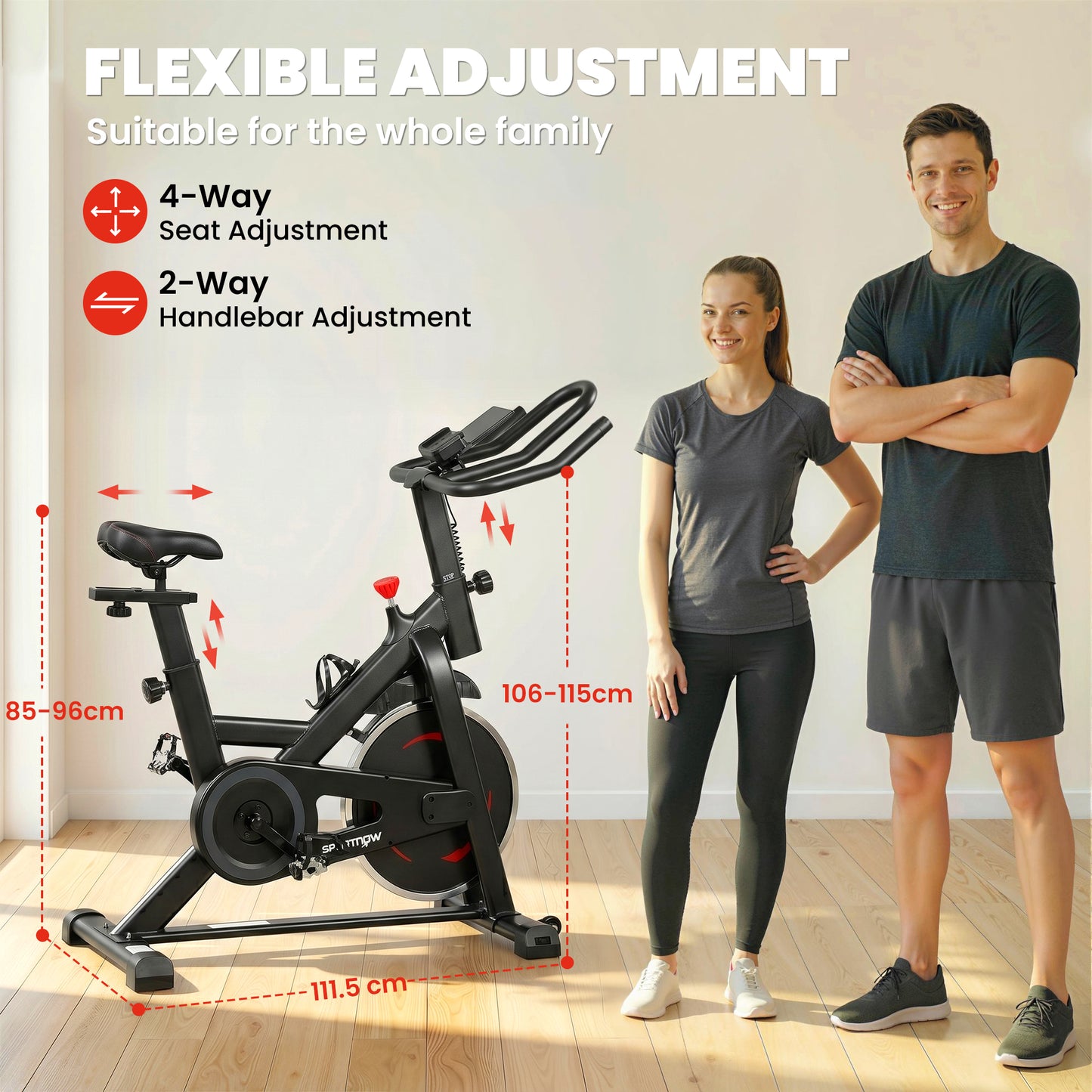 Exercise Bike for Home Gym, Indoor Stationary Bike with Smart APP, 0-100% Magnetic Resistance, Adjustable Seat & Handlebars, LCD Display, Device & Water Bottle Holder, Wheels, 120kg Capacity