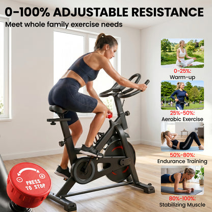 Exercise Bike for Home Gym, Indoor Stationary Bike with Smart APP, 0-100% Magnetic Resistance, Adjustable Seat & Handlebars, LCD Display, Device & Water Bottle Holder, Wheels, 120kg Capacity