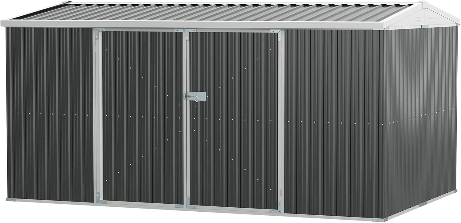 14 x 8ft Outdoor Garden Metal Shed with Lockable Door, Tool Storage Box with Sloped Roof, 4 Windows and Floor Foundation for Garden, Patio and Lawn - Grey