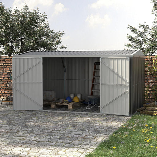 14 x 8ft Outdoor Garden Metal Shed with Lockable Door, Tool Storage Box with Sloped Roof, 4 Windows and Floor Foundation for Garden, Patio and Lawn - Grey