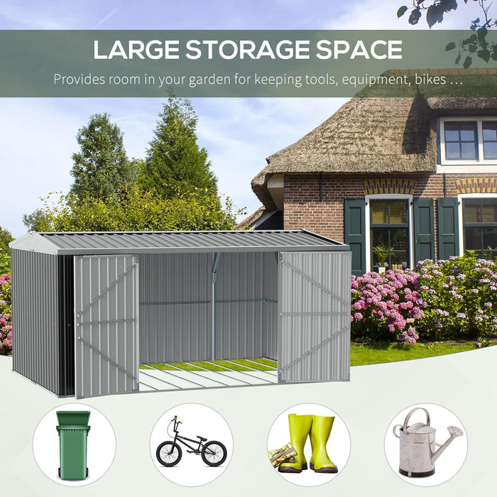 14 x 8ft Outdoor Garden Metal Shed with Lockable Door, Tool Storage Box with Sloped Roof, 4 Windows and Floor Foundation for Garden, Patio and Lawn - Grey