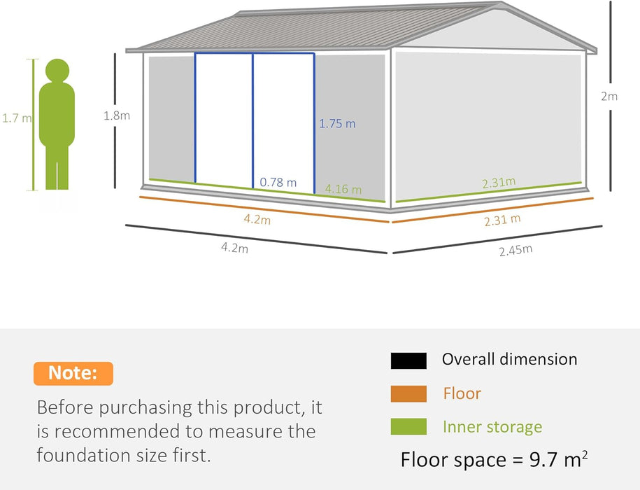 14 x 8ft Outdoor Garden Metal Shed with Lockable Door, Tool Storage Box with Sloped Roof, 4 Windows and Floor Foundation for Garden, Patio and Lawn - Grey