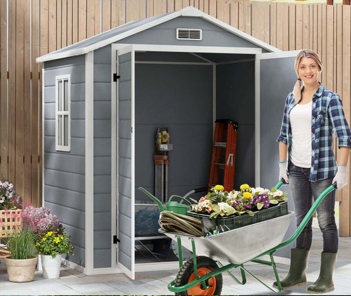 6'x4.5' Garden Storage Shed, Lockable Garden Shed with Double Doors, Window, Vent and Plastic Roof, Grey