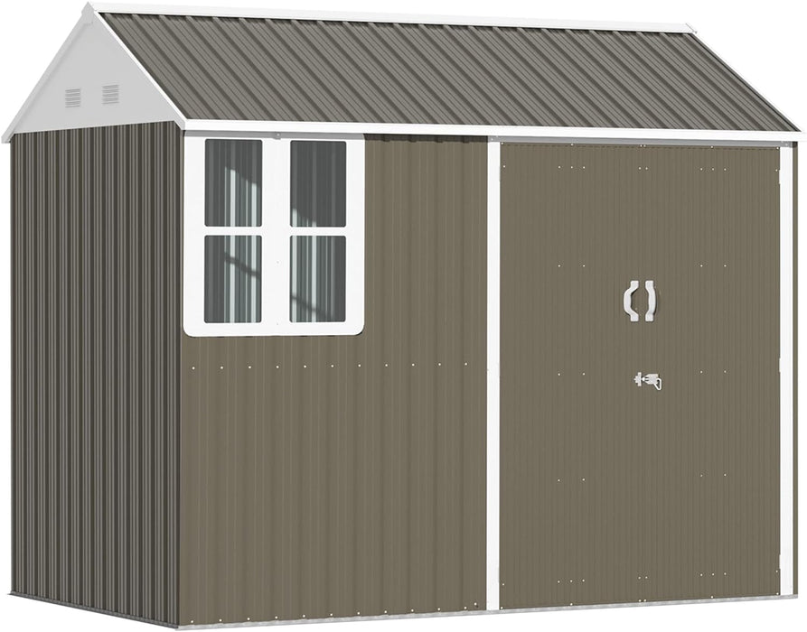 8 x 6 ft Galvanised Garden Shed, Outdoor Metal Storage Shed with Double Doors Window Air Vents