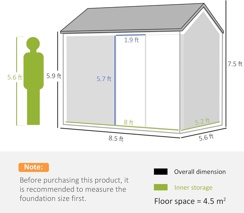 8 x 6 ft Galvanised Garden Shed, Outdoor Metal Storage Shed with Double Doors Window Air Vents