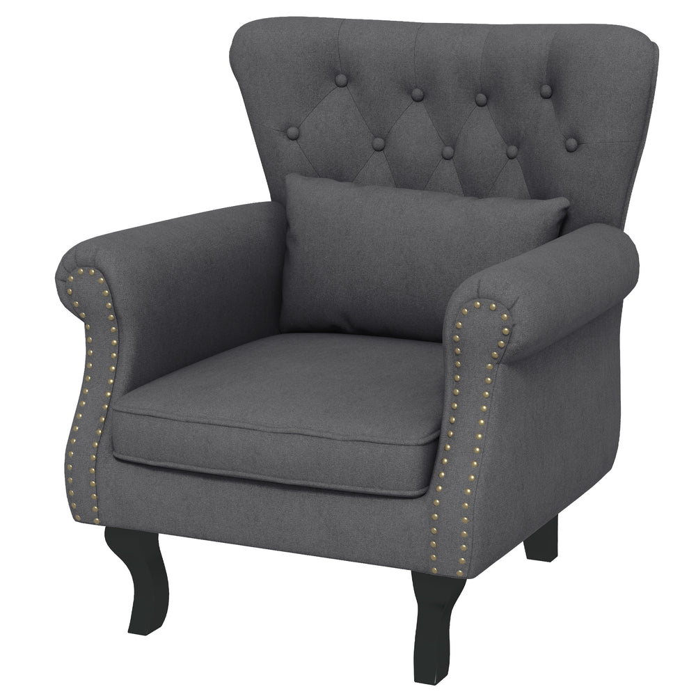 Chesterfield-style Accent Chair, Tufted Wingback Armchair with Pillow, Naihead Trim for Living Room, Bedroom, Grey