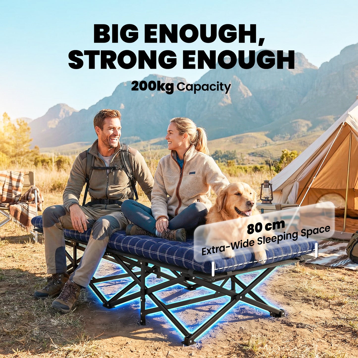 Camping Cot Heavy Duty Folding Bed with Soft Pad Blue