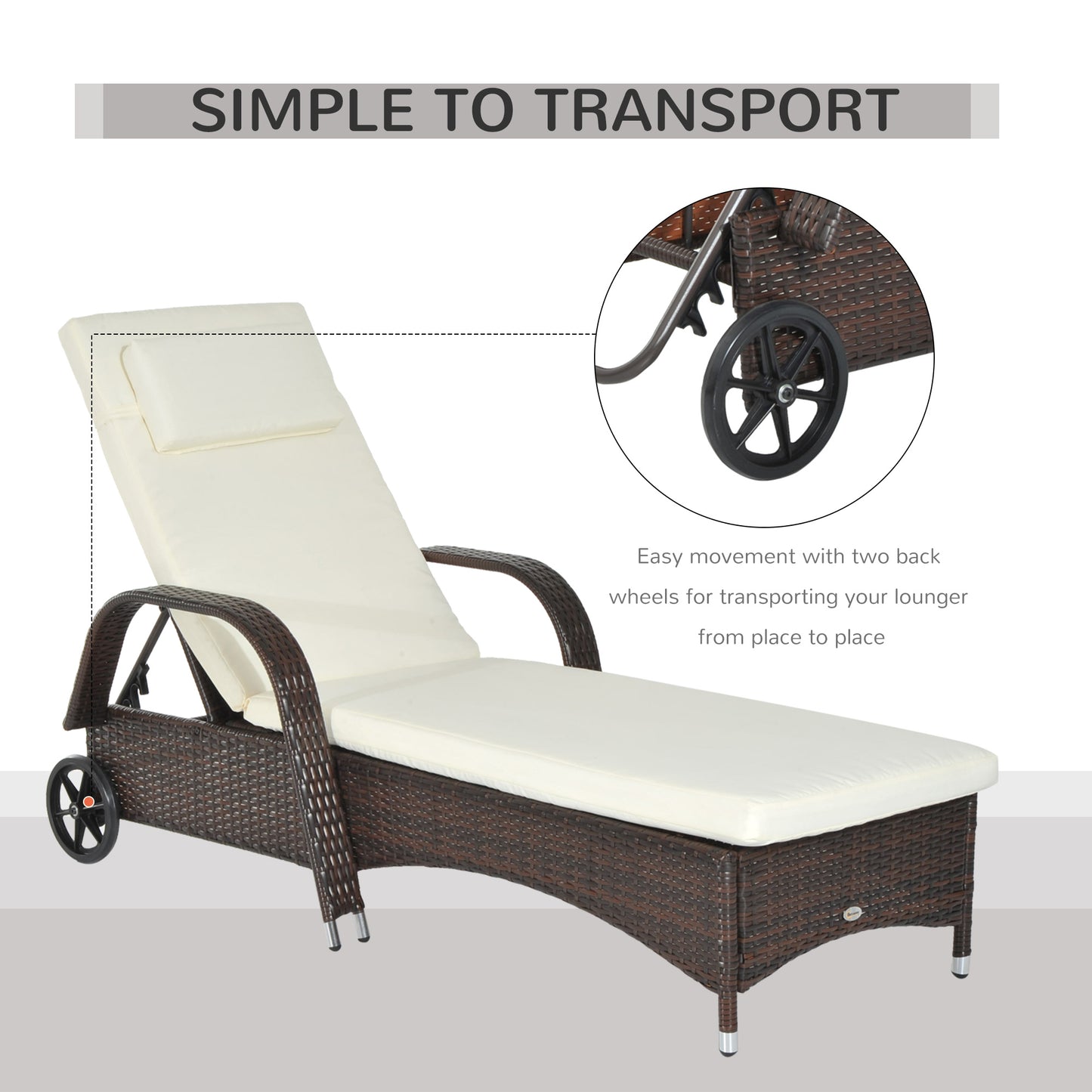 Outsunny Garden Rattan Furniture Single Sun Lounger Recliner Bed Reclining Chair Patio Outdoor Wicker Weave Adjustable Headrest with Fire Retardant Cushion - Brown