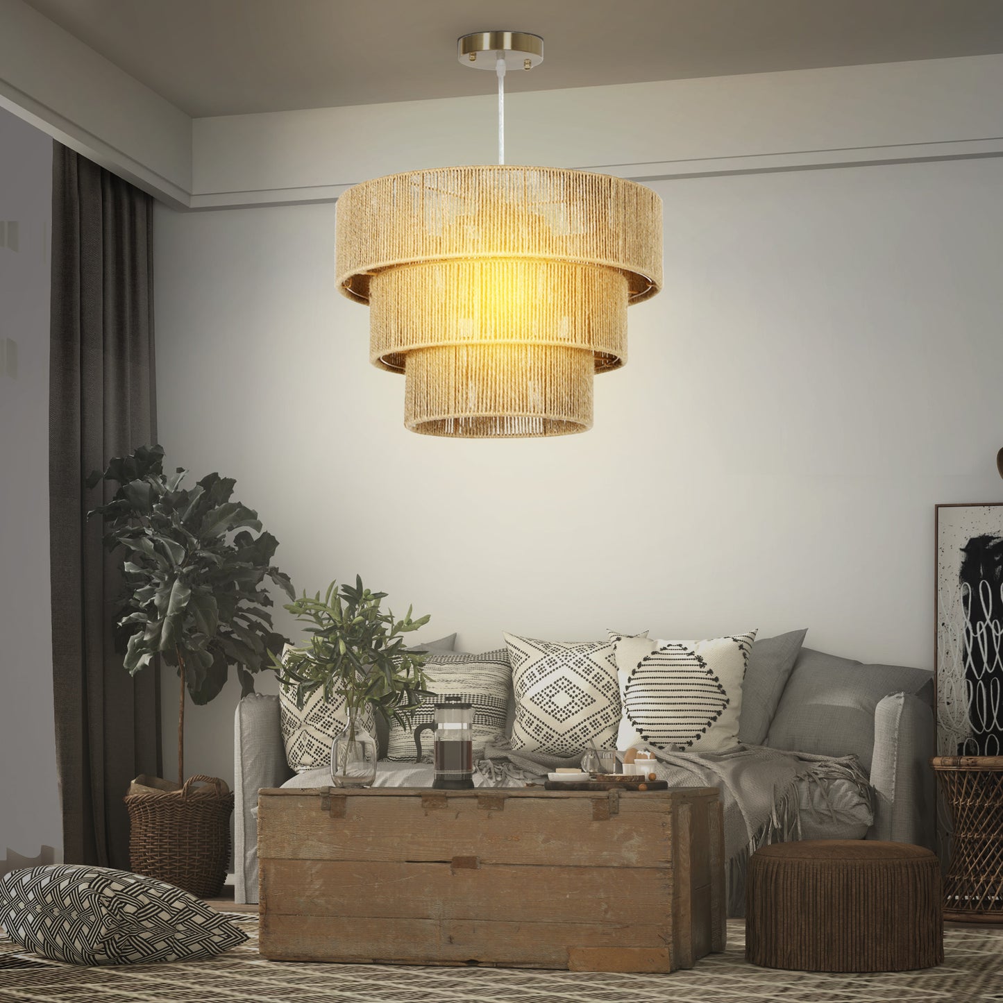 Boho Hemp Rope Pendant Light, Ceiling Light for Bedroom, Light Brown