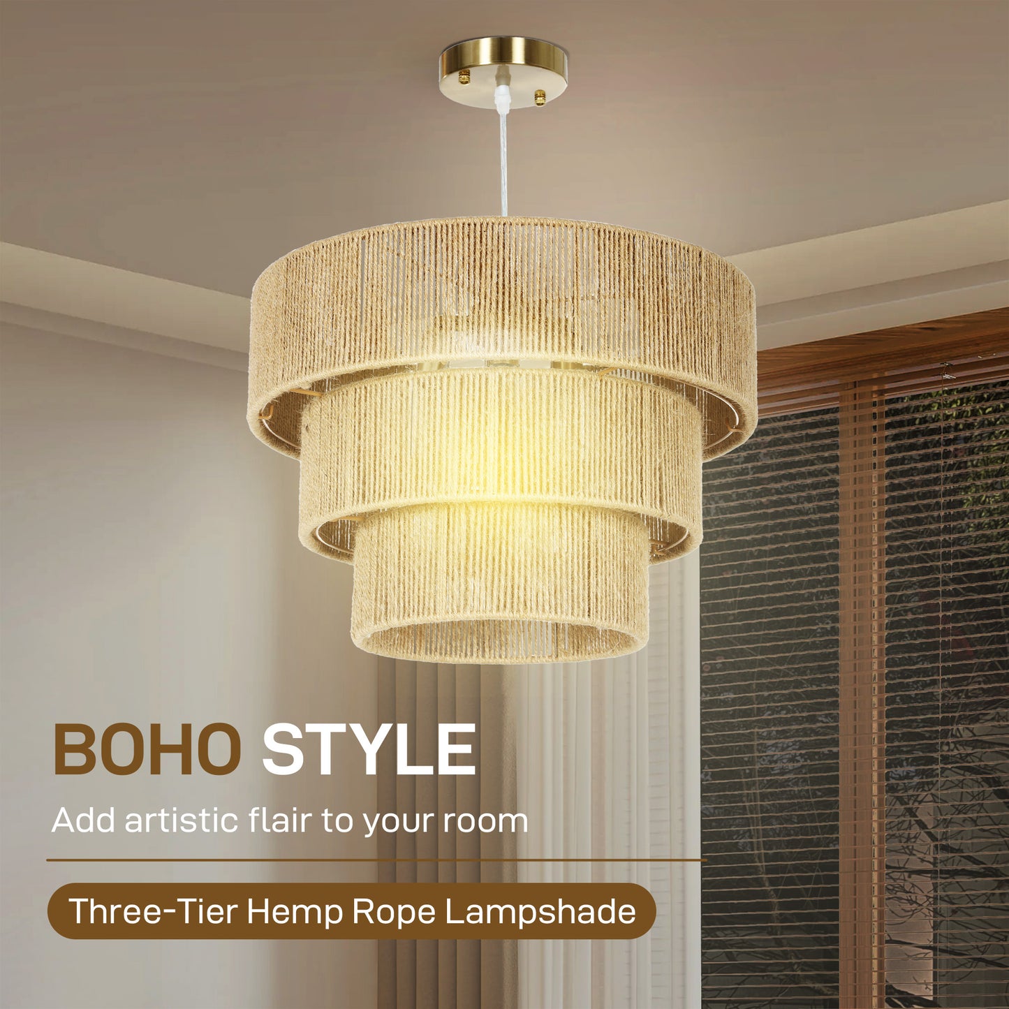Boho Hemp Rope Pendant Light, Ceiling Light for Bedroom, Light Brown