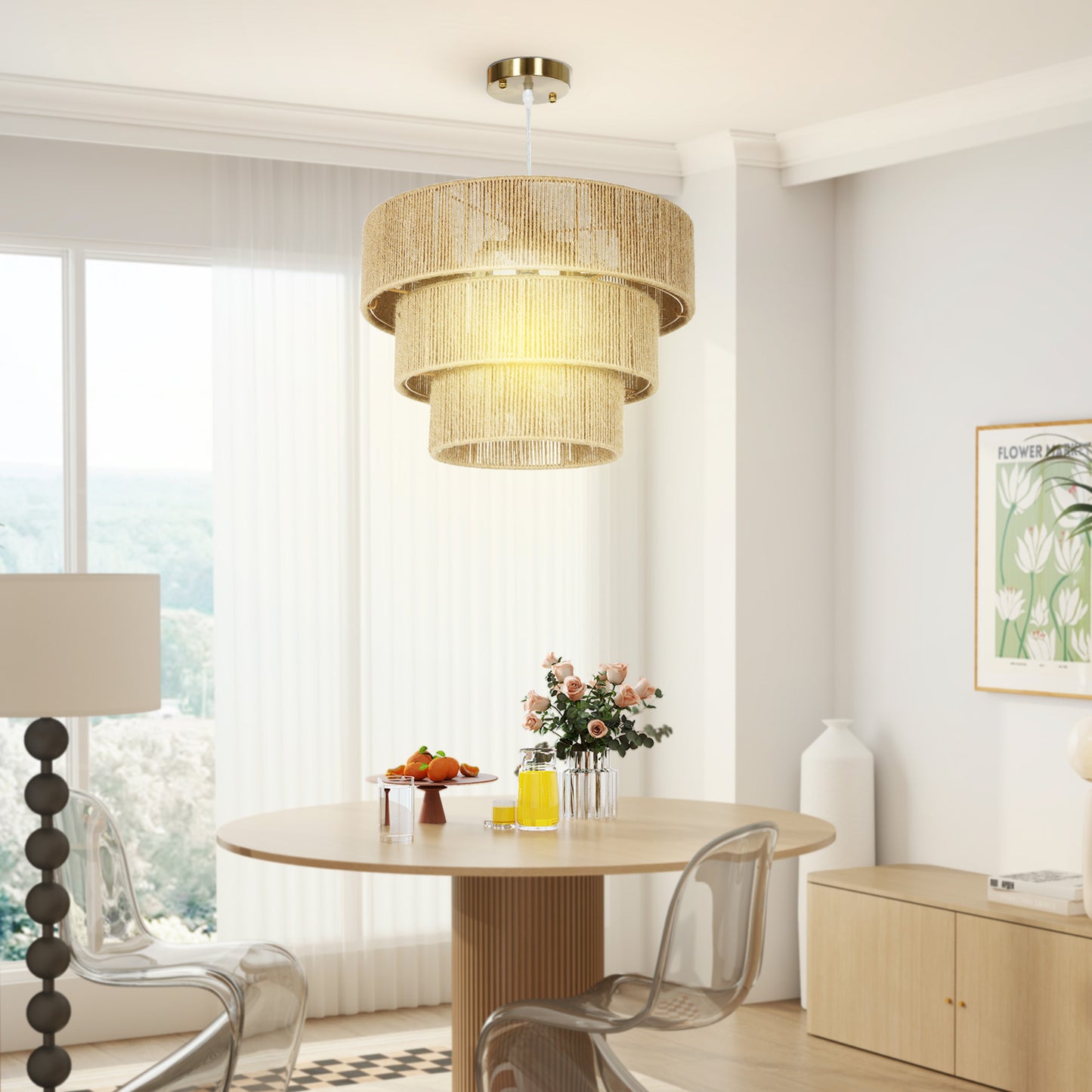 Boho Hemp Rope Pendant Light, Ceiling Light for Bedroom, Light Brown