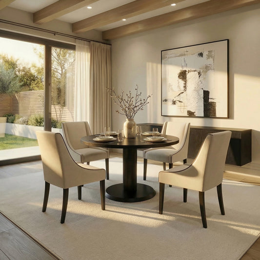 Sia 4-6 Seat Black Dining Table and 4 Chatsworth Dining Chairs Calico Two Tones